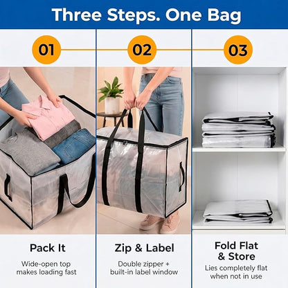 ClearSpace Heavy Duty Moving Bags or Storage Bags – Clear Storage Bins with Lids, Large Moving Boxes with Backpack Straps & Zippers – Packing Bags & Moving Supplies for College Dorm- 8 Pack