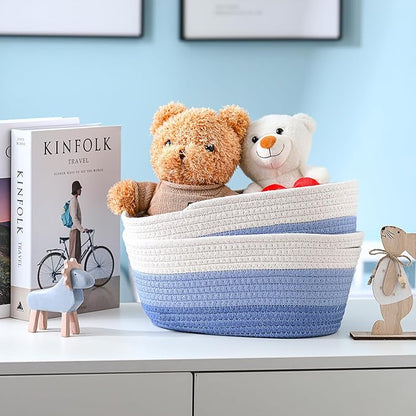 Sawysine 6 Pcs Storage Baskets Bulk for Organizing Cotton Rope Woven Basket with Handles for Gift Cloth Shelves Blanket Toys Living Room(Blue and White)