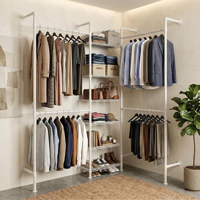 F3 Wall Mounted Closet System, Industrial Pipe Clothing Rack for Hanging Clothes, Heavy Duty Closet Organizer System, Clothes Racks with Shelves & Expandable Rod for Wardrobe, Corner, White