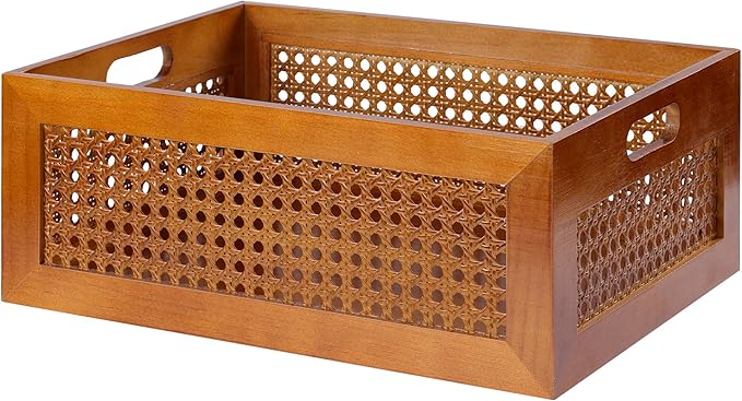Wooden Storage Basket Handmade Rattan Drawer Storage Box with Frame & Handles Decorative Natural Bamboo Woven Bins Rustic Farmhouse Decor Home Office Tabletop Shelf Organizer 15" x 11" x 5.9"