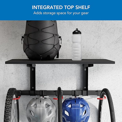 Mount-It! WheelsUp Bike Wall Mount with Shelf | Garage Storage Rack for 3 Bikes & Accessories | Adjustable Padded Hooks, Max Capacity 275 lbs | Ideal Bike Rack Garage Wall Mount for Organized Spaces