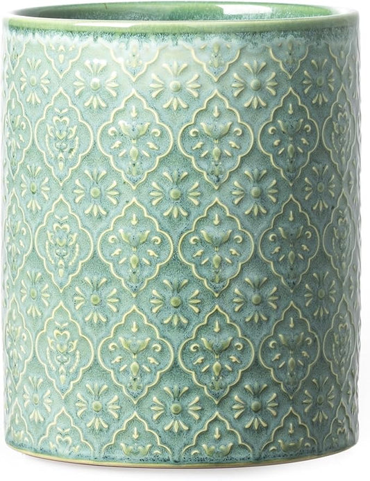 Kitchen Utensil Holder, 6x7 inch Large Ceramic Utensil Holder with Embossed Pattern, Cooking Utensil Crocks for Kitchen Countertop, Home Decor, Forest Green