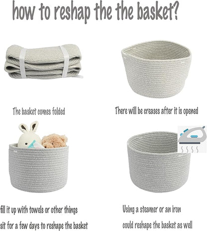XUANGUO Woven Cotton Storage Baskets - 3-Pack Round Bins (10x10x7'') for Shelves, Closets & Bookcases | Durable Rope Organizers for Nursery, Baby, Toys, Easter & More (grey)