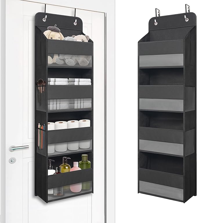 TYMENSH Over The Door Hanging Organizer with 4 Large Pockets – Closet, Bathroom, Nursery, Bedroom, Dorm Storage for Toys, Cosmetics, and Baby Essentials, Black