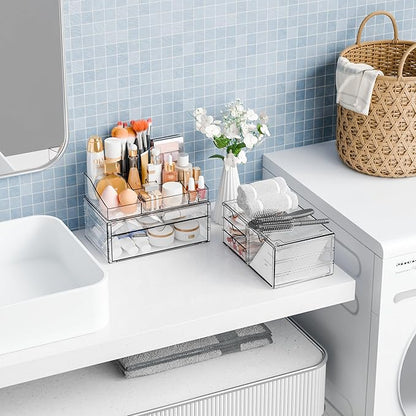 Yieach Acrylic Make up Organizers for Counter,Desk and Vanity,3 Pack Stackable Bathroom Counter Organizer with Drawers,Large Clear Makeup Organizers and Storage for Skincare,Cosmetic,Beauty Products