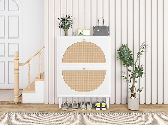 ZeHuoGe Rattan Shoe Cabinet with 2 Flip Drawers, White Shoe Shelf Organizer with Circle Rattan Doors, Entryway Narrow Storage Cabinet for Heels,Slippers(White)