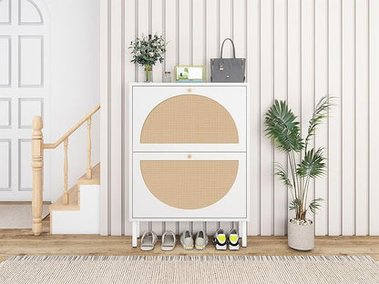 ZeHuoGe Rattan Shoe Cabinet with 2 Flip Drawers, White Shoe Shelf Organizer with Circle Rattan Doors, Entryway Narrow Storage Cabinet for Heels,Slippers(White)