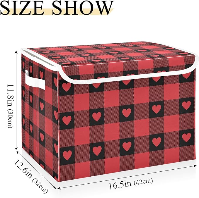 senya Valentines Storage Baskets Collapsible Storage Bins with Lids, Red Buffalo Check Gingham Love Heart Storage Boxes Clothes Baskets for Organizing