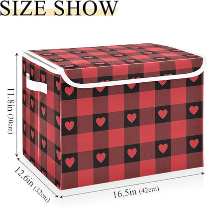 senya Valentines Storage Baskets Collapsible Storage Bins with Lids, Red Buffalo Check Gingham Love Heart Storage Boxes Clothes Baskets for Organizing