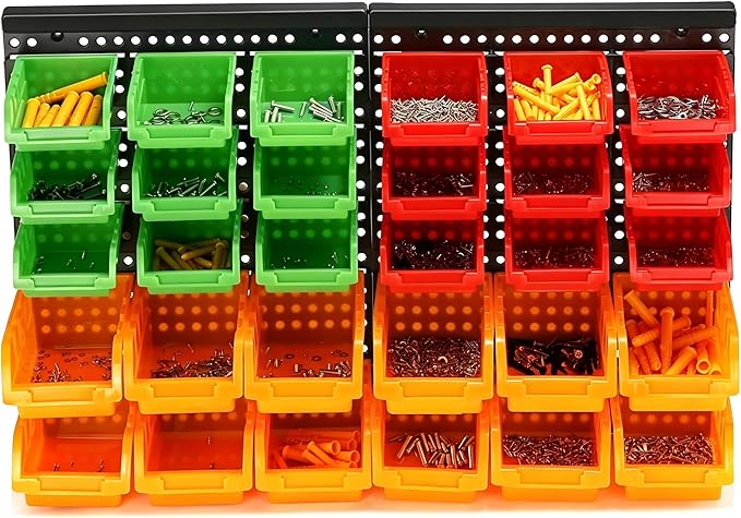 30-Bin Wall Mounted Storage Bins Kit, Tool Organizer Rack, Garage Hardware Organizer, Parts Storage Bins, DIY Combination(Red & Green & Orange Type)
