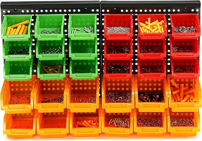 30-Bin Wall Mounted Storage Bins Kit, Tool Organizer Rack, Garage Hardware Organizer, Parts Storage Bins, DIY Combination(Red & Green & Orange Type)
