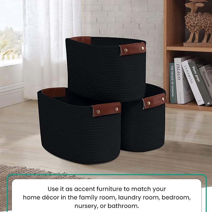 3 Pack Cotton Rope Storage Basket Woven Shelf Storage Bin with Faux Leather Handles, Decorative Closet Shelf Woven Basket for Storage Organizers, 15 x 10 x 9, Black