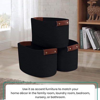 3 Pack Cotton Rope Storage Basket Woven Shelf Storage Bin with Faux Leather Handles, Decorative Closet Shelf Woven Basket for Storage Organizers, 15 x 10 x 9, Black