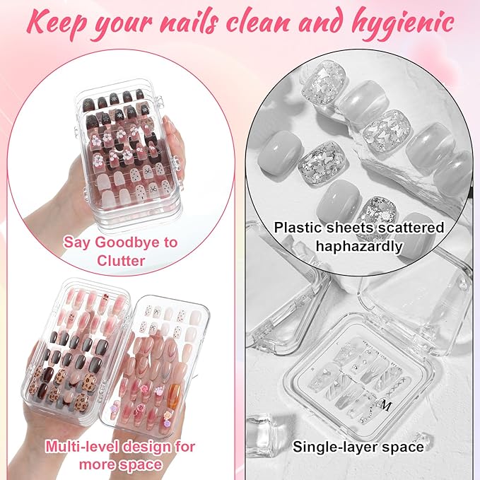 Press On Nail Organizer Case Tri-Fold 4 Page Clear Empty Press On Nail Packing Box PET Plastic Storage Box with 30 pcs Adhesive Double Sided Tape for Storage Display Nails Art Business(6×3.2×1.8 inch)