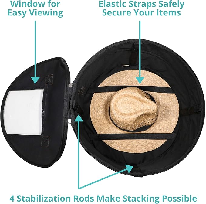 Hat Storage Box | Stuffed Animal Toy Storage | Stackable Round Pop-up Container | Travel Hat Boxes for Women & Men | Closet Organizer w Lid | Dust Cover Cowboy Sun Beach Hats (Black, 1 Pack)