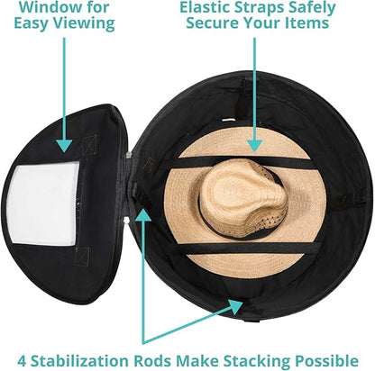Hat Storage Box | Stuffed Animal Toy Storage | Stackable Round Pop-up Container | Travel Hat Boxes for Women & Men | Closet Organizer w Lid | Dust Cover Cowboy Sun Beach Hats (Black, 1 Pack)