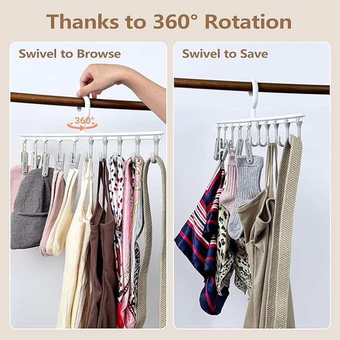Hat Rack with 5 Hooks & 5 Clips, Adjustable Slide Rails - Space Saving Closet Organizer for Scarves, Belts, Ties, Hats, Underwear
