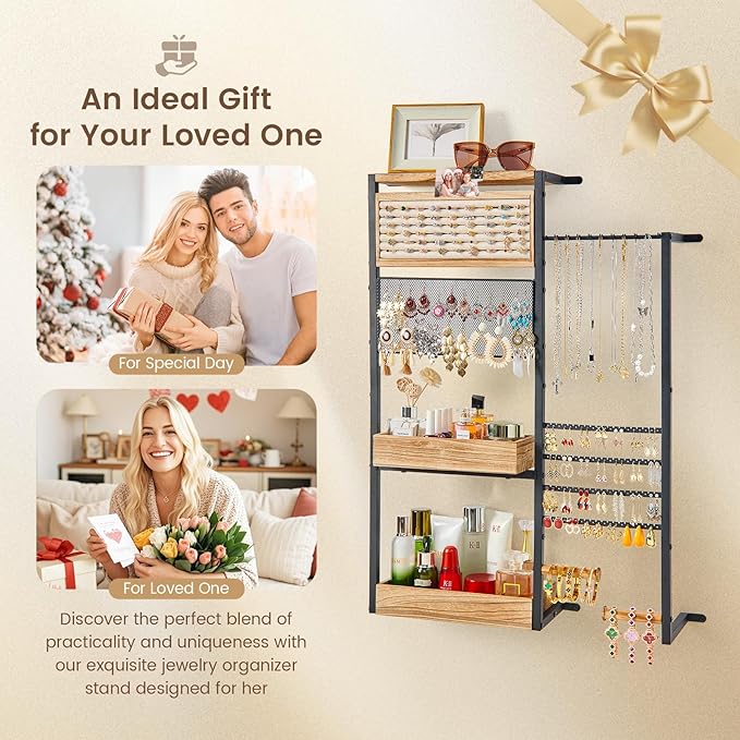 Pinzoveco Hanging Jewelry Organizer Wall Mounted, Large Hanging Jewelry Organizer Holder for Necklaces,Bracelest,Earrings,Rings,Watched,Makeup & Perfume (Black)