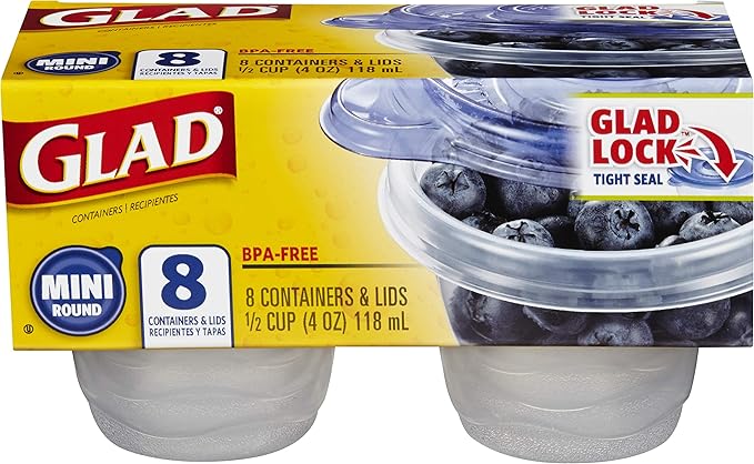 Glad GladWare Mini Round Food Storage Containers with Lids, Small BPA Free Reusable Plastic Snack Containers with Lock Tight Seal for Lunch, Portion Control, and On the Go, 4 Oz, 8 Count - 12 Pack