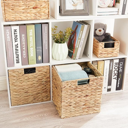 Vagusicc Storage Basket, Set of 2 Hand-woven Water Hyacinth Storage Baskets, Foldable Wicker Storage Basket 13 Inch Cube Storage Bins for Shelves Organizer Square Shelf Baskets, 13''x13''x13''