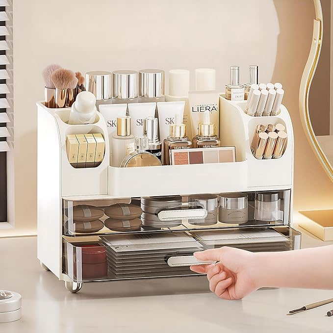 Makeup Organizer with 2 Drawers, Cosmetic Display Case, Storage Holder for Vanity, Bathroom Counter, Desk, Beauty Supplies (White)