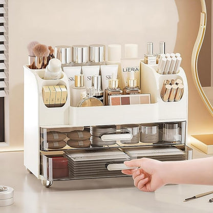 Makeup Organizer with 2 Drawers, Cosmetic Display Case, Storage Holder for Vanity, Bathroom Counter, Desk, Beauty Supplies (White)