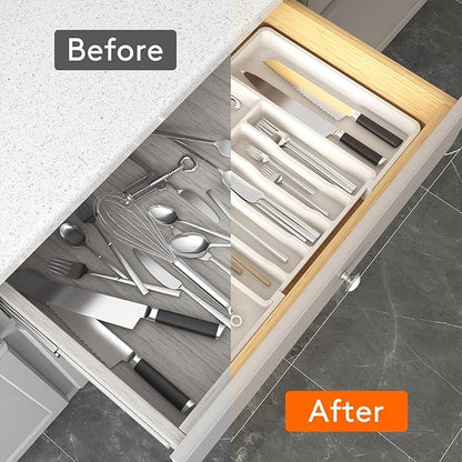 Lifewit Silverware Drawer Organizer, Expandable Utensil Tray for Kitchen, BPA Free Flatware and Cutlery Holder, Adjustable Plastic Storage for Spoons Forks Knives, 13-22 x 15", White