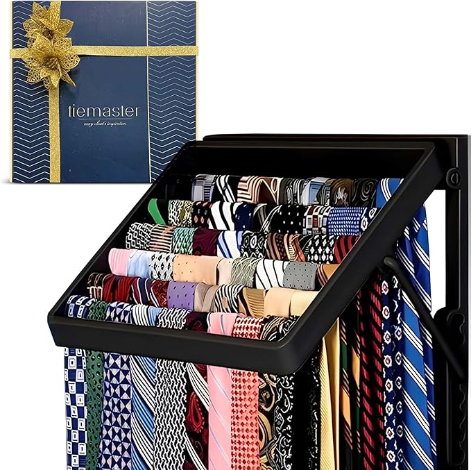 TieMaster Tie Rack and Scarf Organizer, Battery-Free Design, Holds 60 Ties and Scarves with 5 Belt Hooks, Easy Installation, Wall Mounted Tie Organizer, Luxury Gift for Men & Women