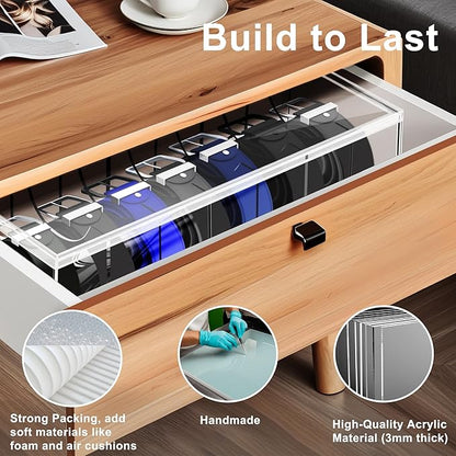 Adjustable Acrylic Belt Organizer with 6 Removable Dividers and a Dust Lid, Clear Belt Storage for Closet and Drawer, 7 Compartments Belt Box Holder for Singers, Men, Women (Adjustable Version)