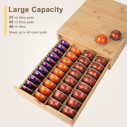 HTB K Cup Coffee Pod Holder, Drawer Type K Cup Organizer Storage, Compatible with K-Cup Pods, Space-Saving Coffee Capsule Drawer- Holds 40 Nespresso Capsules Coffee Pods Bamboo Single Drawer