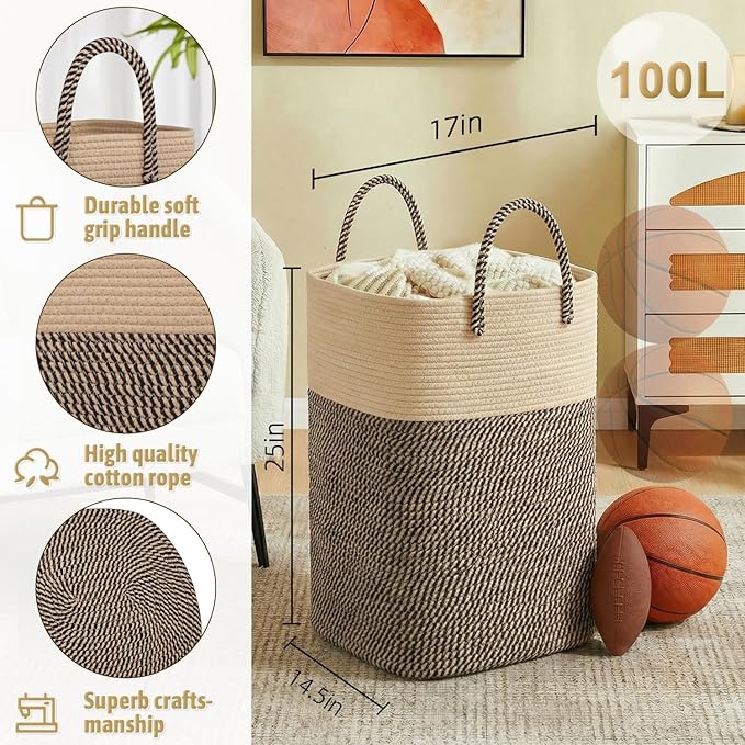 Laundry Basket,Woven Cotton Rope Laundry Hamper,Versatile Storage for Dirty Clothes,Baby Toys,and Blankets in Bathroom, Nursery,and Living Room (Jute, 100L)