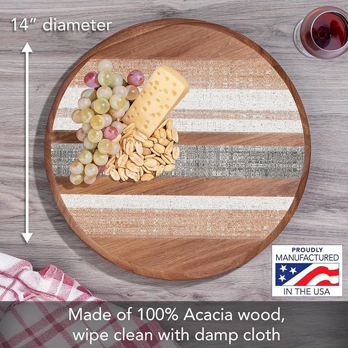 CounterArt Decorative Round Natural Wood Lazy Susan Turntable 14" Diameter Condiment Caddy, Cheese Server, Cake Plate, Spice Organization (Wide Stripes)