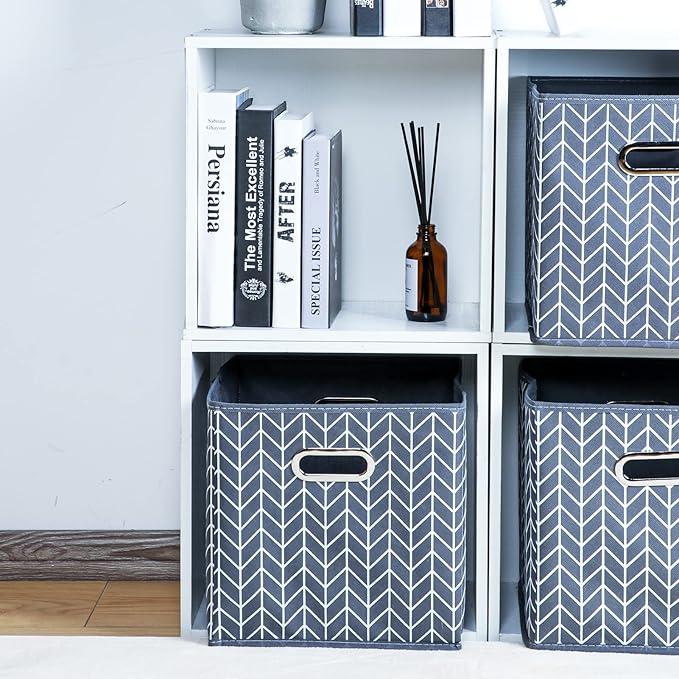 Fabric Cloth Storage Bins,Fabric Cube Organizer with Dual Handles Foldable Cube Storage Baskets for Home Bedroom Storage,Set of 6,(Grey Wave)