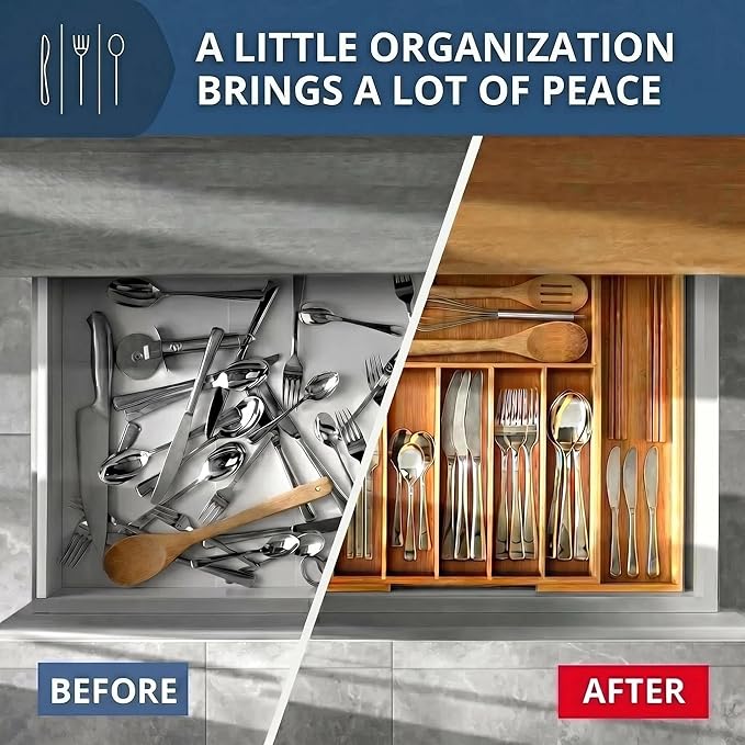 Expandable Bamboo Silverware Drawer Organizer - 20" Extra Wide Cutlery Tray with 9 Deep Compartments - 17.3" Length Large Utensil Holder & Kitchen Drawer Divider (Natural)