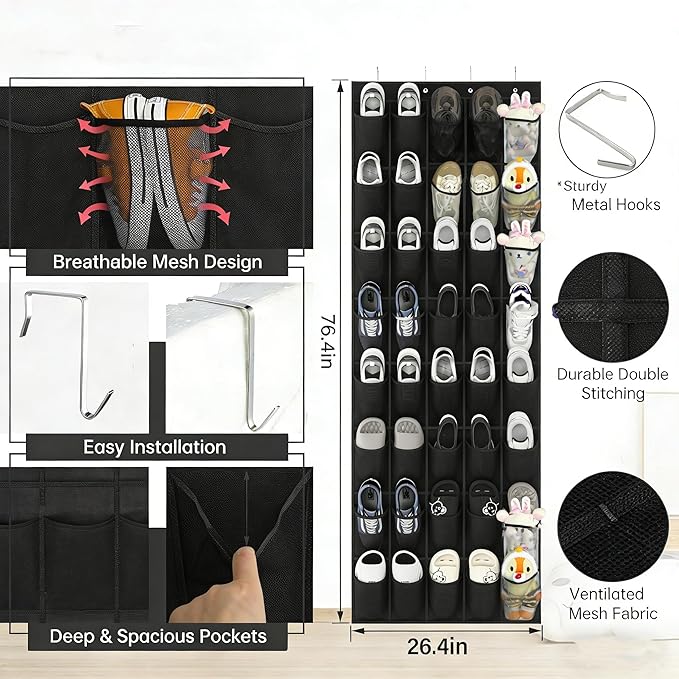 Over the Door Shoe Organizer, 40 Large Mesh Pockets Hanging Shoe Rack for Door, Space Saving Shoe Storage Organizer for Closet, Bedroom, Entryway, Black