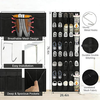 Over the Door Shoe Organizer, 40 Large Mesh Pockets Hanging Shoe Rack for Door, Space Saving Shoe Storage Organizer for Closet, Bedroom, Entryway, Black