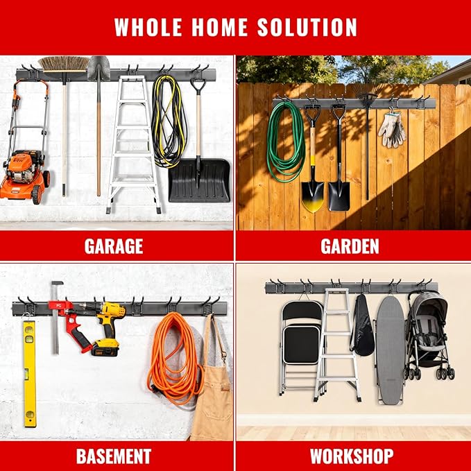 Garage Tool Organizer Wall Mount, Easy to 48inch Install Heavy-Duty Garage Storage System with 6 Adjustable Straight Hooks, Garden Tool Rack for Shovels, Rakes, Yard Tools