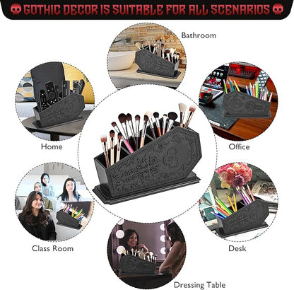 Gothic Coffin Decor Makeup Brush Holder,Spooky Witchy Gifts for Women,Skull Cosmetic Display Cases,Goth Decor Pen Holder, Vanity, Desk, Office Organizer for Christmas Bedroom Bathroom (Black)