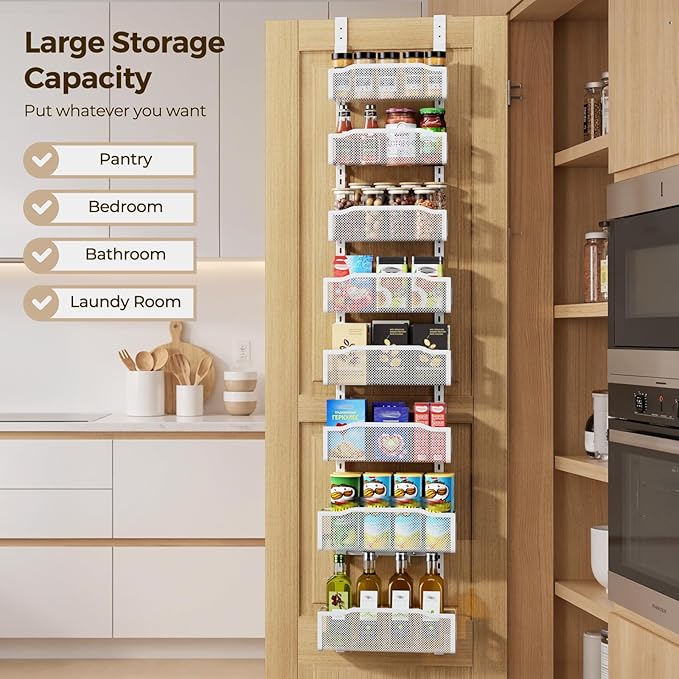 Delamu 8 Tier Over the Door Pantry Organizer, 2in1 Hanging or Wall Mount Spice Rack Seasoning, Adjustable Heavy-Duty Narrow Pantry Door Organizer and Storage for Kitchen Cabinet and Bathroom,12" White