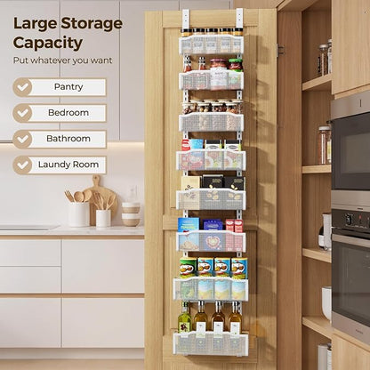 Delamu 8 Tier Over the Door Pantry Organizer, 2in1 Hanging or Wall Mount Spice Rack Seasoning, Adjustable Heavy-Duty Narrow Pantry Door Organizer and Storage for Kitchen Cabinet and Bathroom,12" White