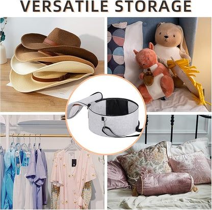 Pehciroe Round Hat Storage Box, Portable Felt Travel Hat Boxes for Women & Men with Translucent Dustproof Lid and Shoulder Strap for Various Types of Hats/Clothes & Toy Storage/Closet Organizer, Grey