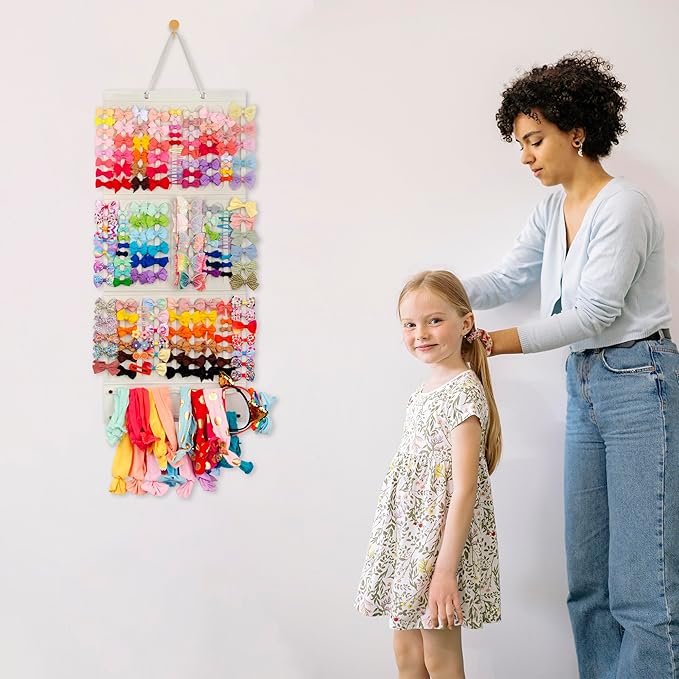 Bow Holder Organizer for Girls - Hanging Hair Accessories Storage for Headbands, Clips, Ties, Scrunchies (Without Bows) (Beige)