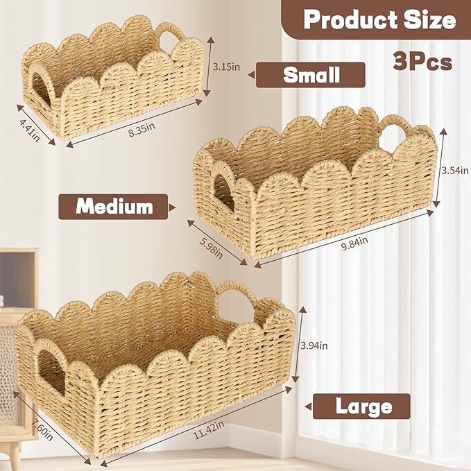 Hand Woven Paper Rope Scalloped Edge Decor Baskets for Home,Living Room, Bedroom,Storage over Above Behind Flush Tank,Toilet Basket,end Table,Shelves-Easily Fit with or Bedroom Decor,Set 3(Natural)
