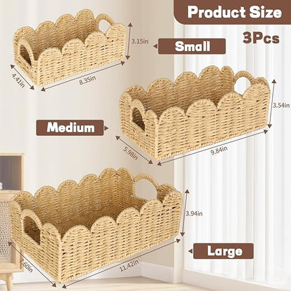 Hand Woven Paper Rope Scalloped Edge Decor Baskets for Home,Living Room, Bedroom,Storage over Above Behind Flush Tank,Toilet Basket,end Table,Shelves-Easily Fit with or Bedroom Decor,Set 3(Natural)