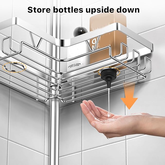 KEGII SUS304 Corner Shower Organizer, Stainless Steel Tension Pole Corner Bathroom Caddy, No Drilling Required Adjustable Shower Shelf for Inside Showers, Silver
