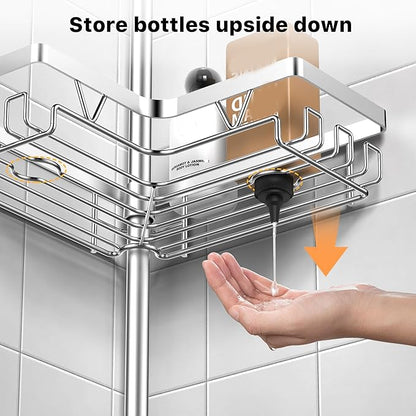 KEGII SUS304 Corner Shower Organizer, Stainless Steel Tension Pole Corner Bathroom Caddy, No Drilling Required Adjustable Shower Shelf for Inside Showers, Silver