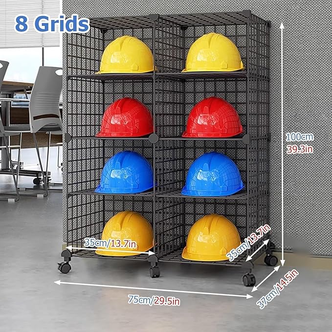 Stackable Safety Helmet Storage Boxes, Large Adjustable Hard Hat Placement Organizer Rack with Wheels for Construction Site/Garage/Workshop/Factory Helmet Display Shelf (2 * 4)