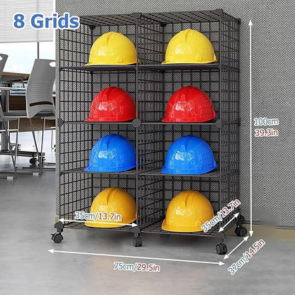 Stackable Safety Helmet Storage Boxes, Large Adjustable Hard Hat Placement Organizer Rack with Wheels for Construction Site/Garage/Workshop/Factory Helmet Display Shelf (2 * 4)