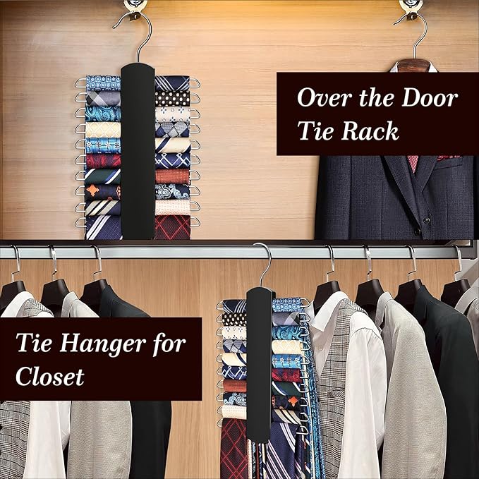 2 Pack Tie Rack for Closet, Premium Wooden Necktie Organizer Storage Tie/Belt Hanger, 360 Degree Swivel Space Saving Ties Holder for Men Hanging 40 Ties Black