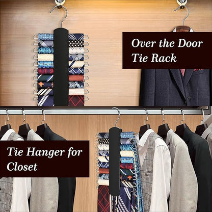 2 Pack Tie Rack for Closet, Premium Wooden Necktie Organizer Storage Tie/Belt Hanger, 360 Degree Swivel Space Saving Ties Holder for Men Hanging 40 Ties Black